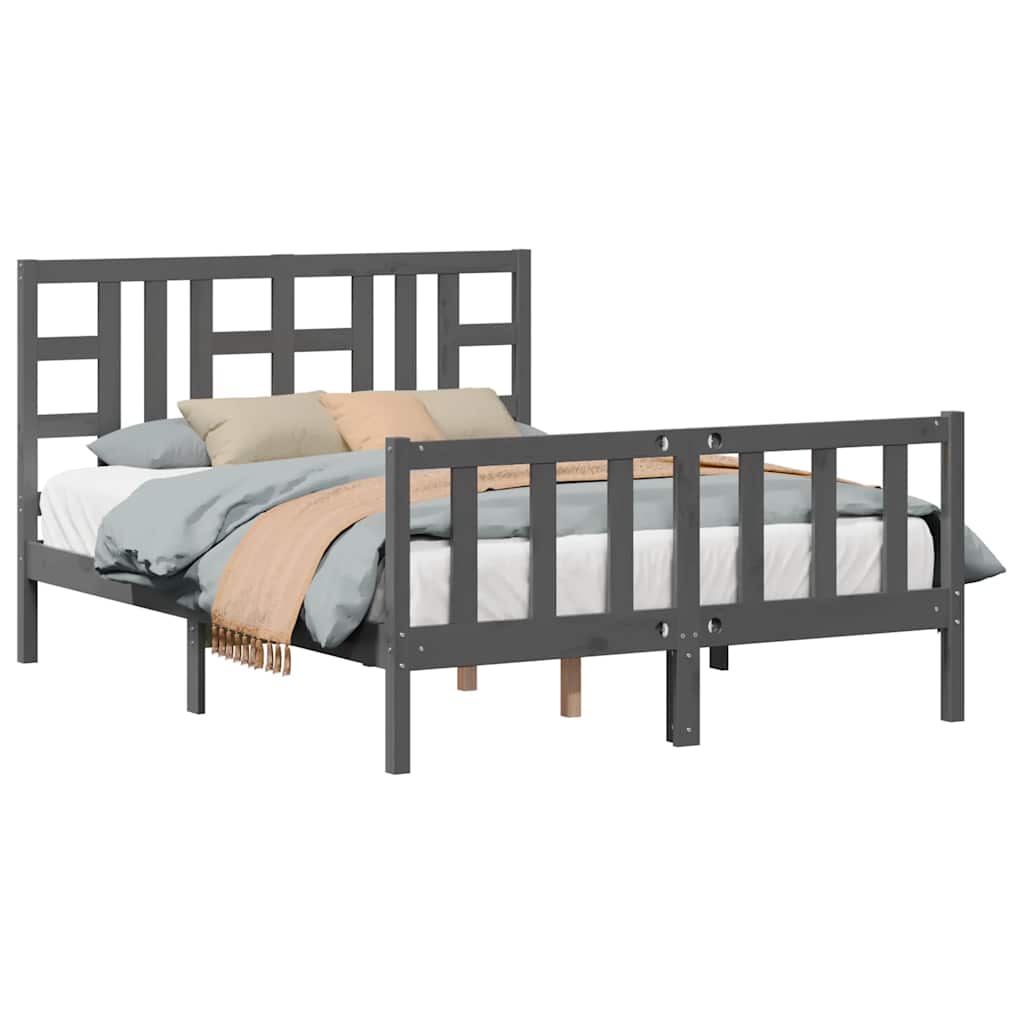 szürke tömör fa ágykeret fejtámlával 140 x 200 cm