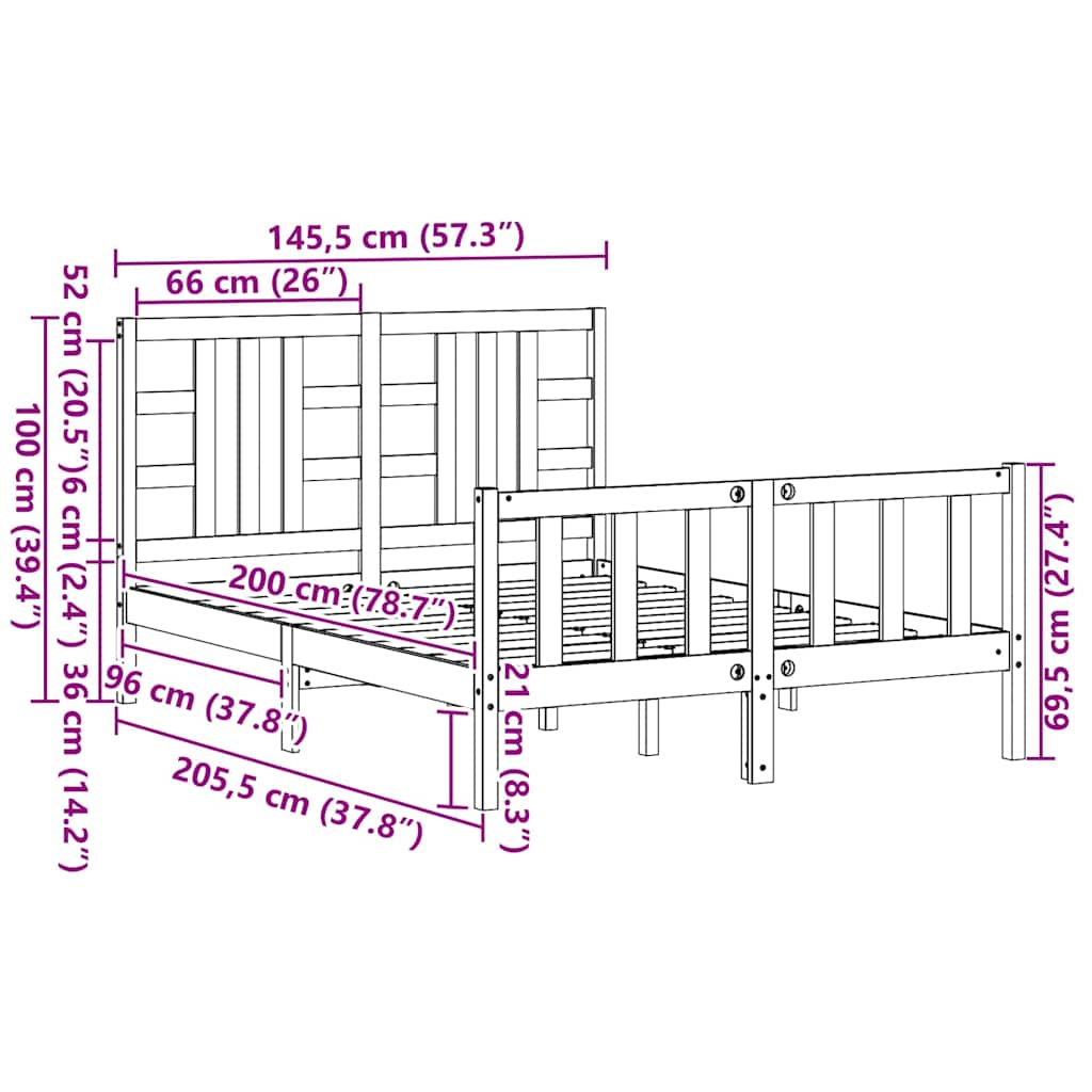 szürke tömör fa ágykeret fejtámlával 140 x 200 cm