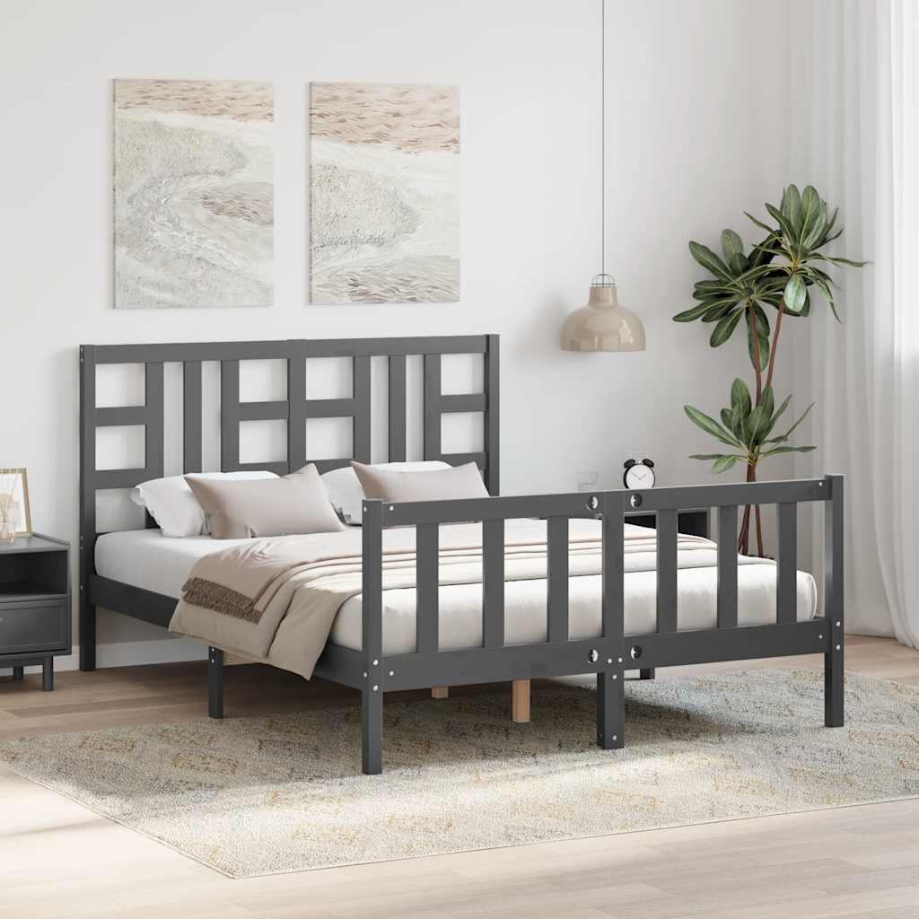 szürke tömör fa ágykeret fejtámlával 140 x 200 cm