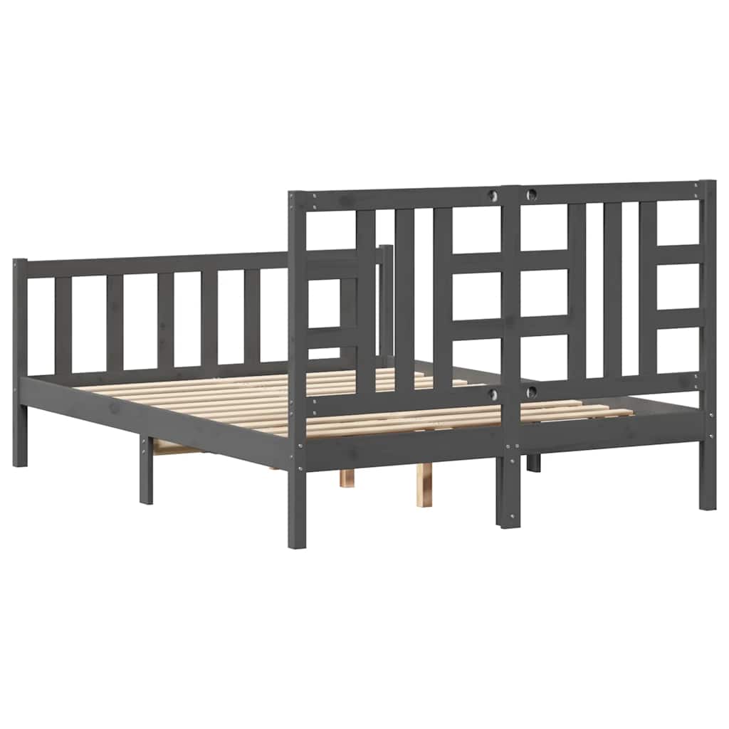 szürke tömör fa ágykeret fejtámlával 140 x 200 cm