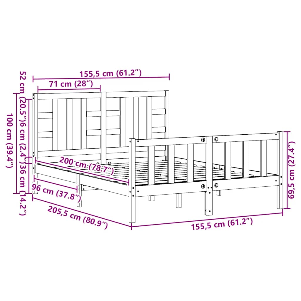 Posteljni okvir z vzglavjem siv trden les
