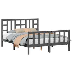 vidaXL Lovos rėmas su galvūgaliu, pilkas, medienos masyvas, didelis