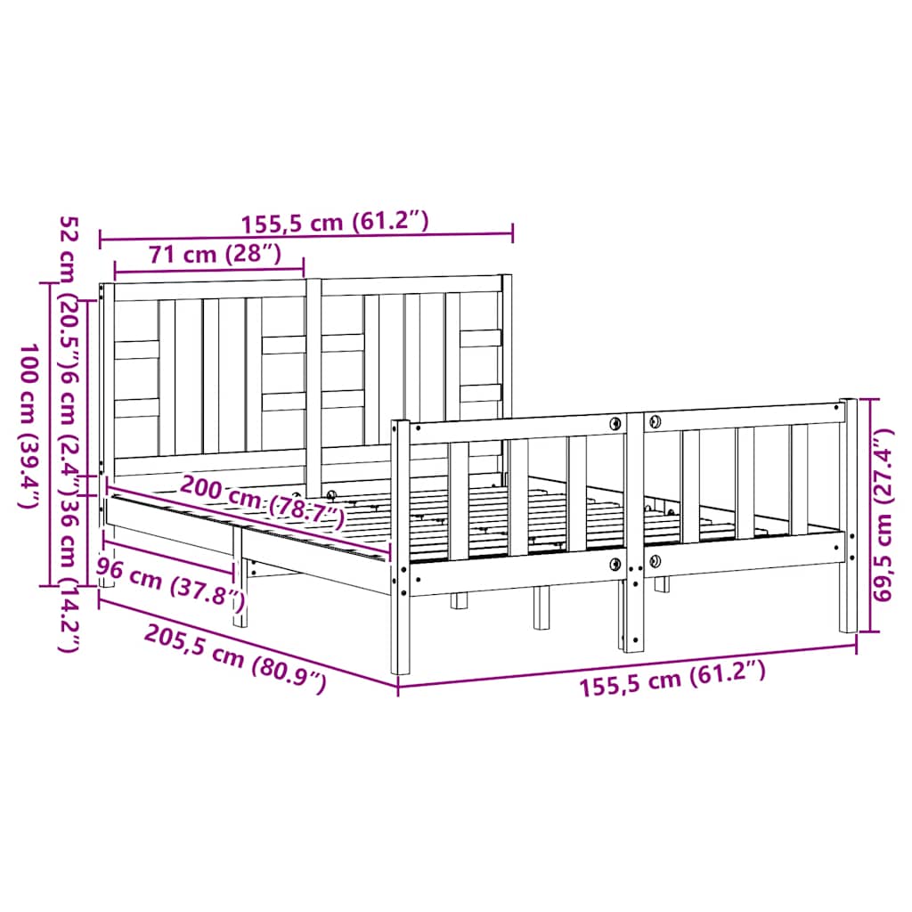Posteljni okvir z vzglavjem črn trden les