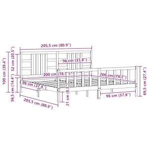 Rám postele s čelem šedý 200 x 200 cm masivní dřevo - obrázek 10