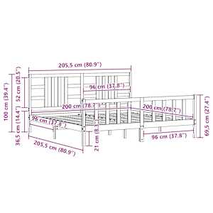 Rám postele s čelem černý 200 x 200 cm masivní dřevo - obrázek 12