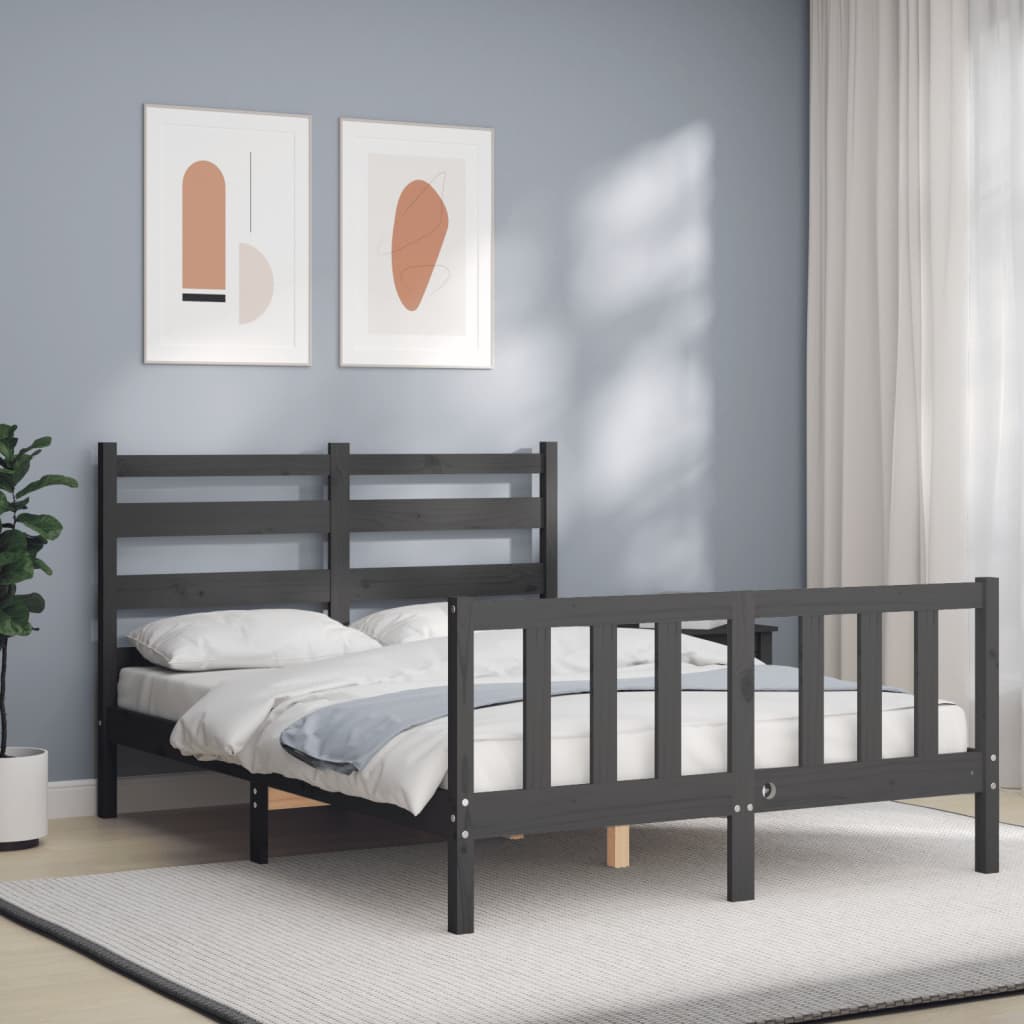 vidaXL Cadru de pat cu tăblie, dublu mic, gri, lemn masiv