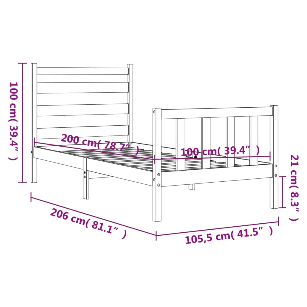 Rám postele s čelem bílý 100 x 200 cm masivní dřevo