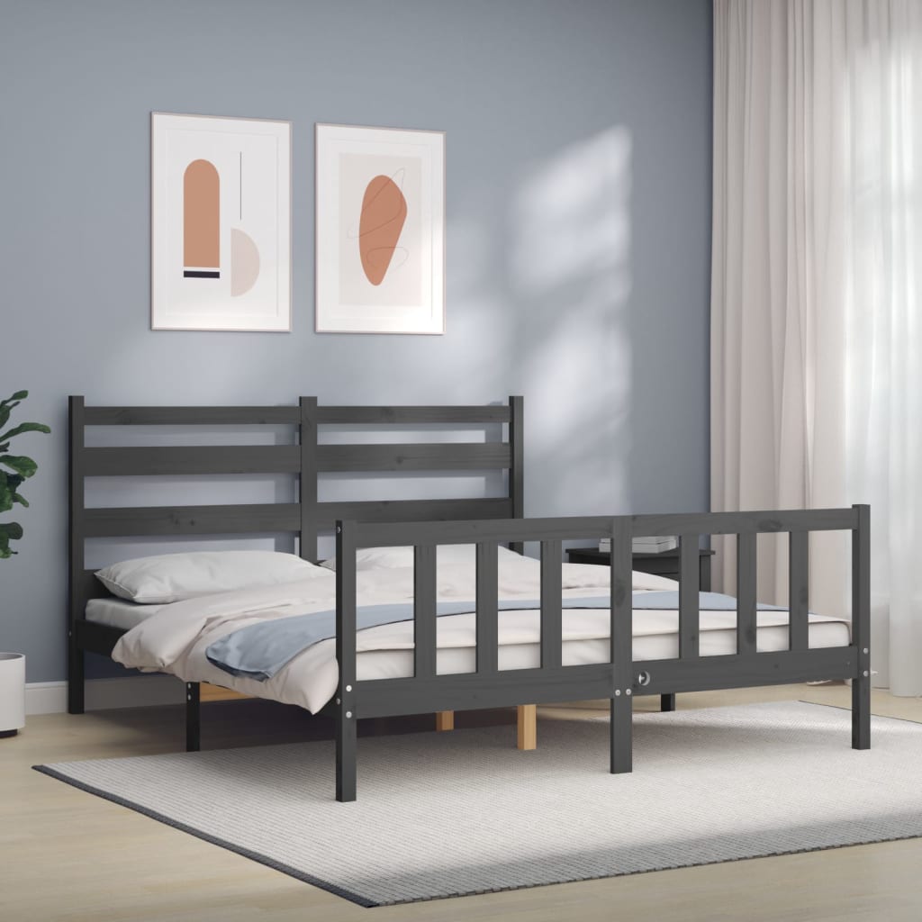vida XL Massivholzbett mit Kopfteil Grau 160x 200 cm