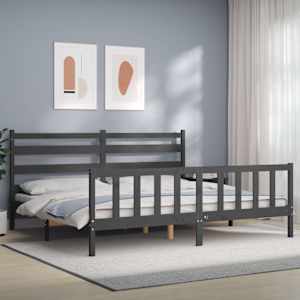 Rám postele s čelem šedý 200 x 200 cm masivní dřevo - obrázek 1