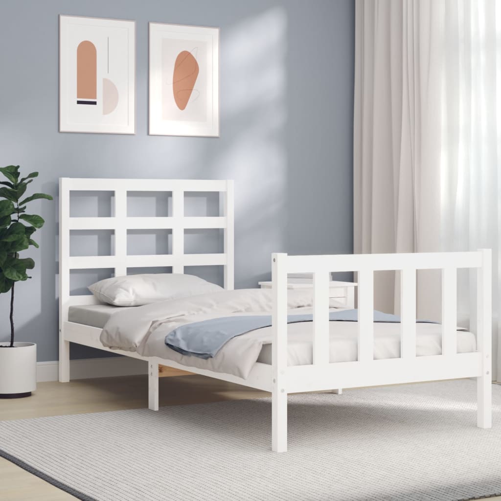Cadru de pat cu tăblie, alb, 90x190 cm, lemn masiv