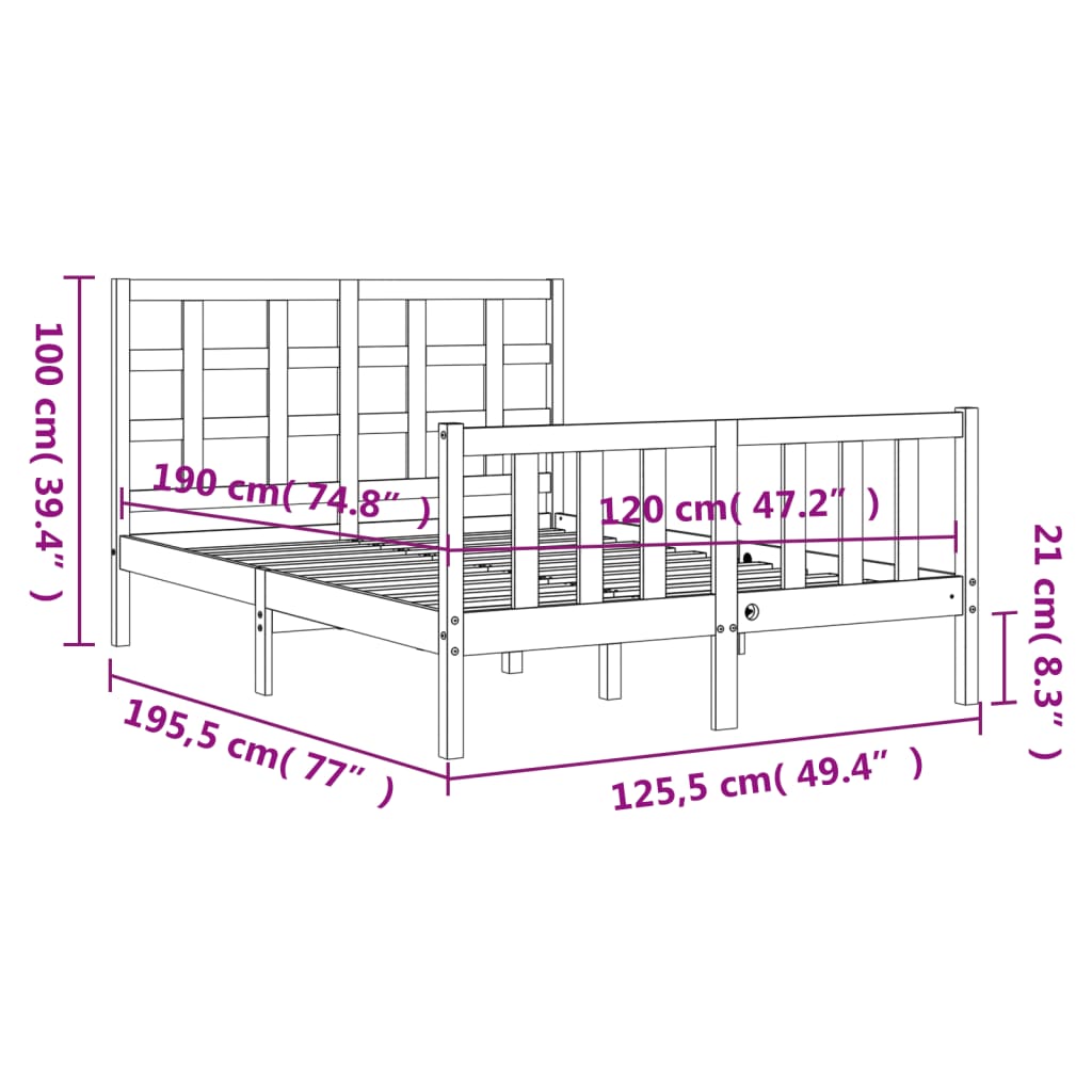 Rama łóżka z wezgłowiem, 4FT, mała podwójna, lite drewno