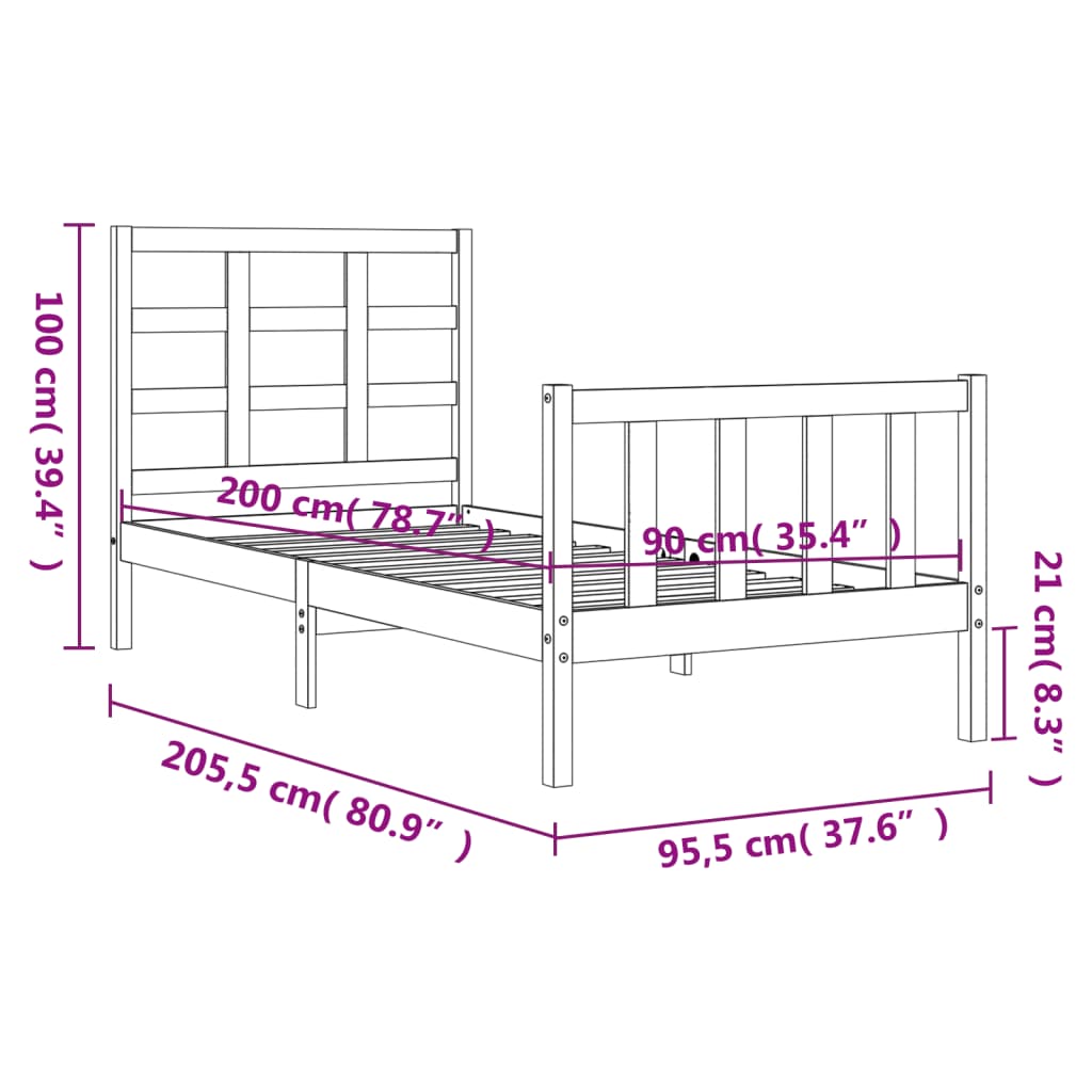 Okvir kreveta s uzglavljem bijeli 90 x 200 cm od masivnog drva