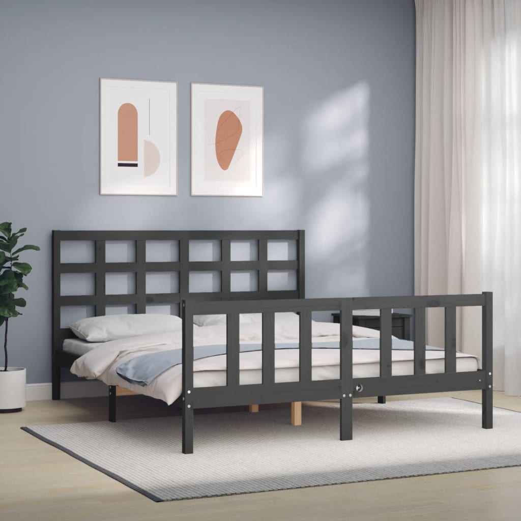 Cadru de pat cu tăblie, gri, king size, lemn masiv