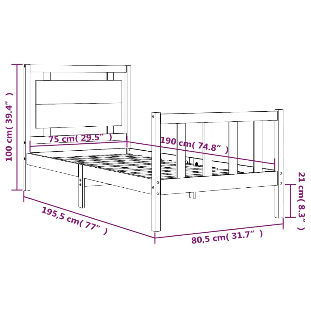Рамка за легло с табла сива 2FT6 Small Single дърво масив