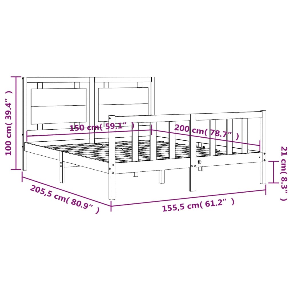 Рамка за легло с табла бяла 5FT King Size масивно дърво