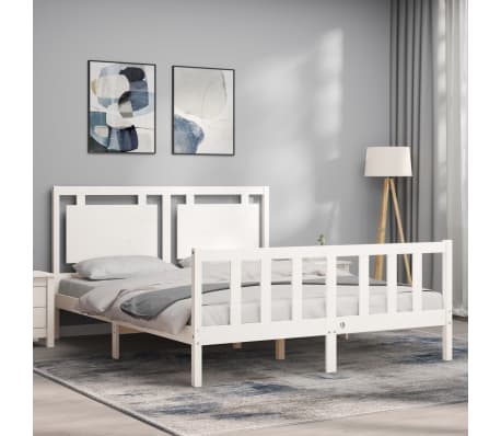 vidaXL Cadru de pat cu tăblie, alb, king size, lemn masiv