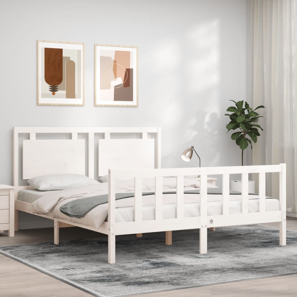 Cadru de pat cu tăblie, alb, king size, lemn masiv