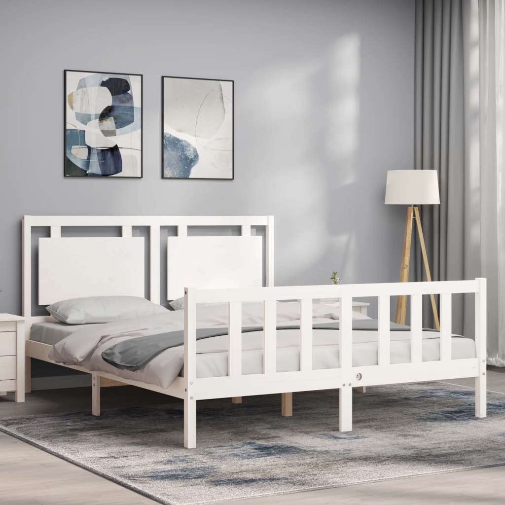 Cadru de pat cu tăblie, alb, 160x200 cm, lemn masiv
