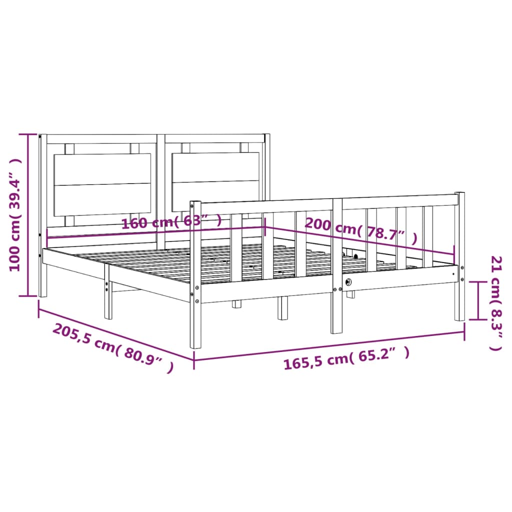 Rám postele s čelem bílý 160 x 200 cm masivní dřevo