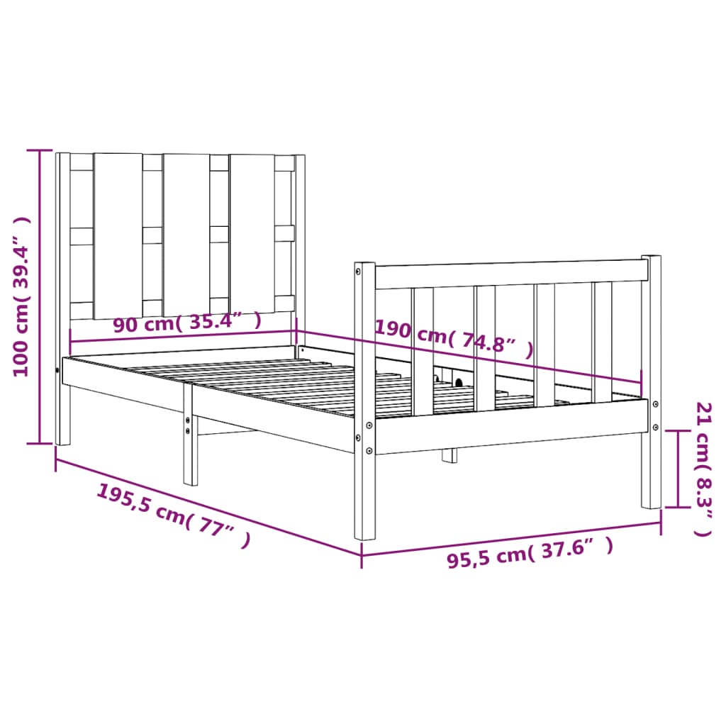 Okvir kreveta s uzglavljem crni 90 x 190 cm od masivnog drva