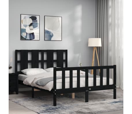 vidaXL Lovos rėmas su galvūgaliu, juodas, 140x190cm, medienos masyvas
