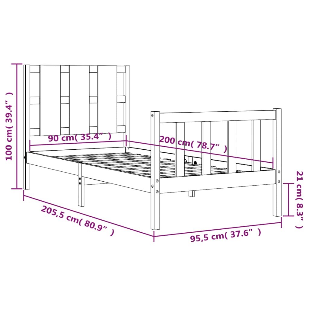 Rám postele s čelem bílý 90 x 200 cm masivní dřevo