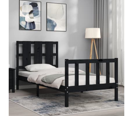 vidaXL gultas rāmis ar galvgali, melns, masīvkoks, 90x200 cm