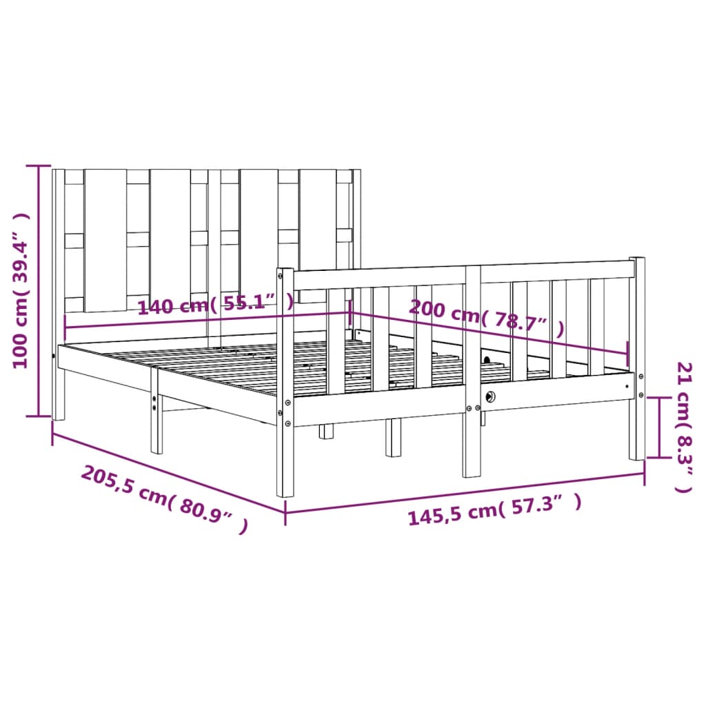 Okvir za krevet s uzglavljem bijeli 140x200 cm od masivnog drva