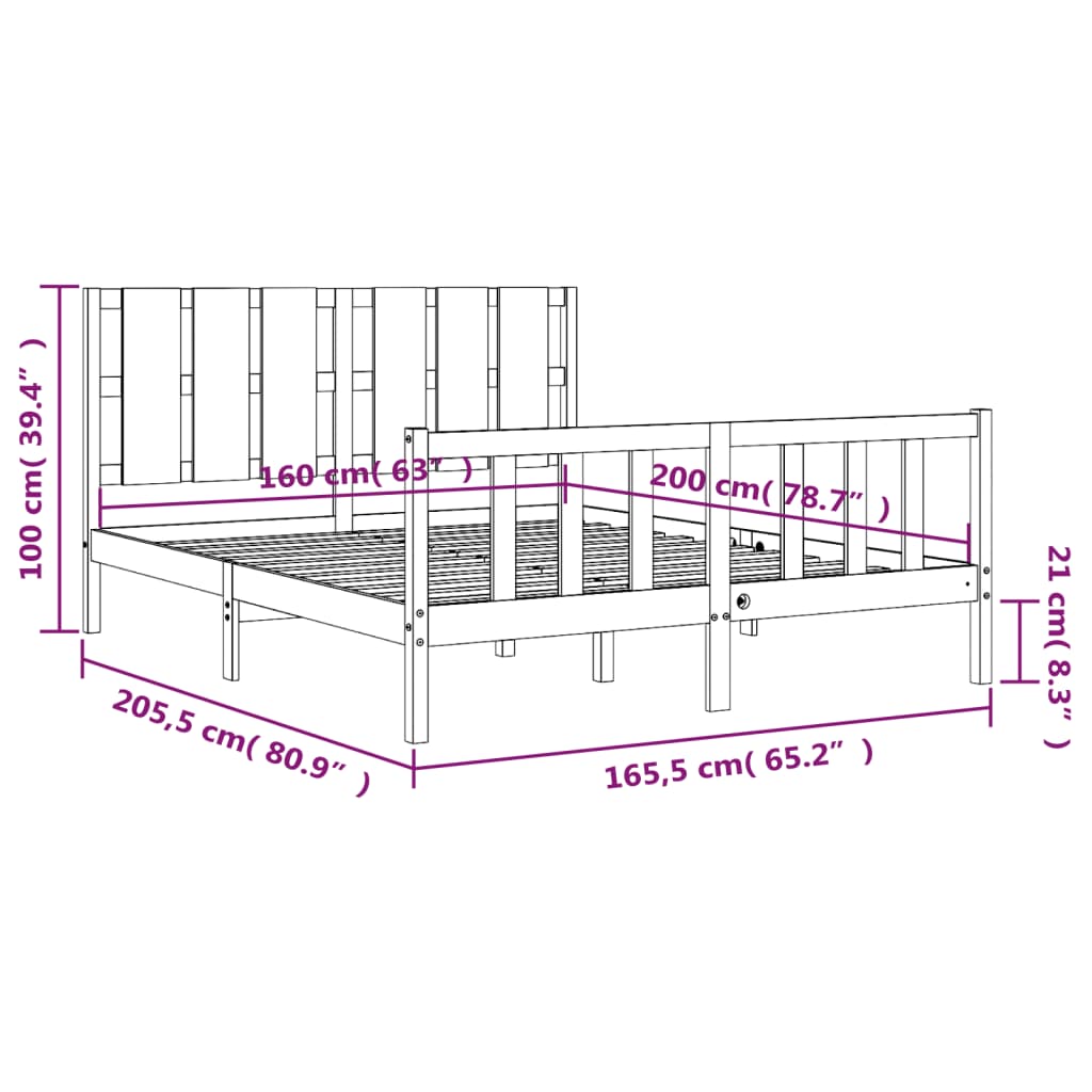 Rám postele s čelem bílý 160 x 200 cm masivní dřevo