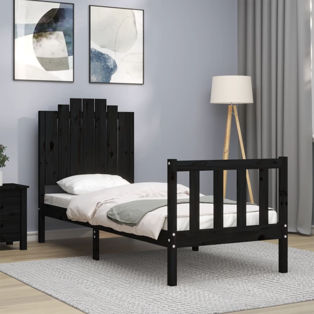Cadru de pat cu tăblie Small Single, negru, lemn masiv