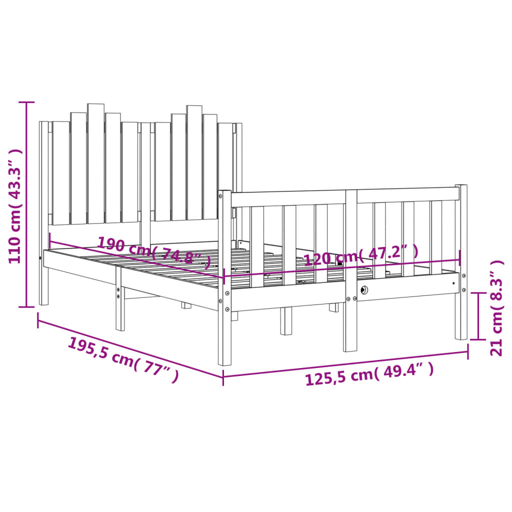Rama łóżka z zagłówkiem, brąz, 4FT, mała podwójna, lite drewno
