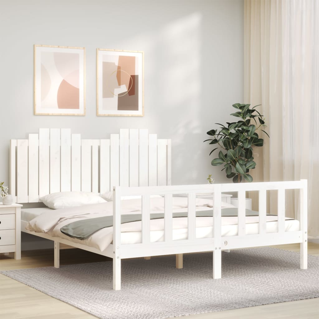 vidaXL Estructura de cama matrimonio con cabecero madera maciza blanco