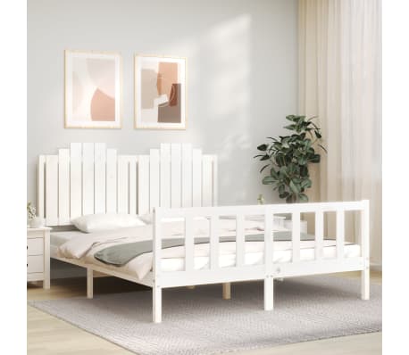 vidaXL Bed Frame with Headboard White King Size Solid Wood