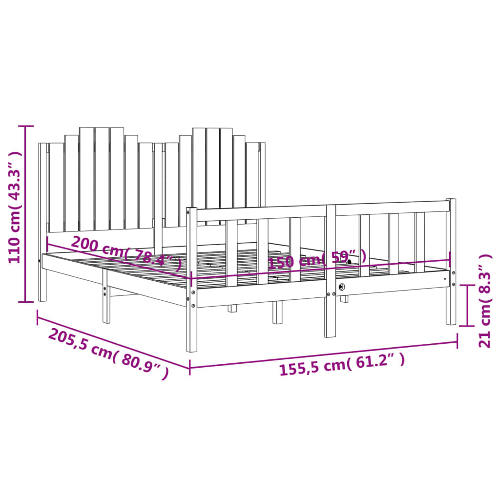 Рамка за легло с табла меденокафява 5FT King Size масивно дърво