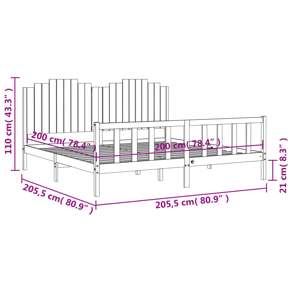 Rám postele s čelem černý 200 x 200 cm masivní dřevo