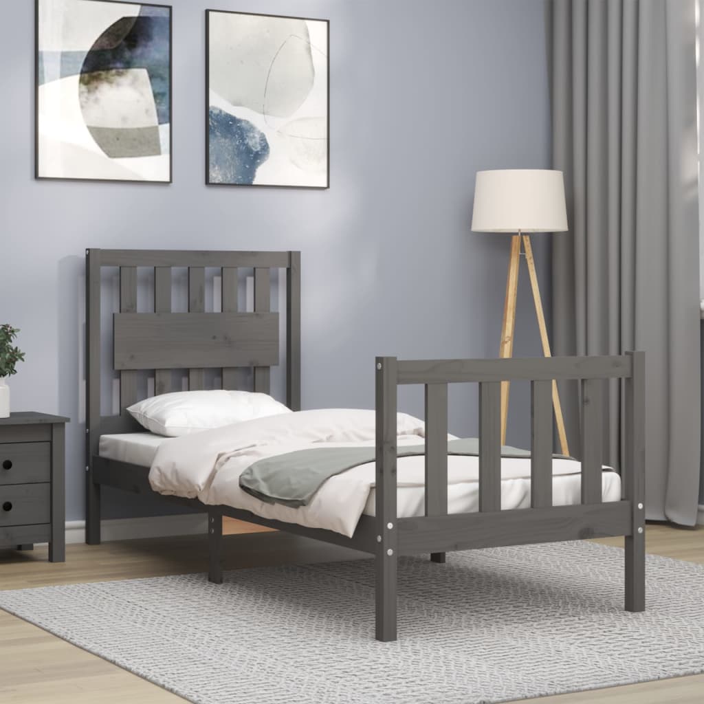 szürke tömör fa ágykeret fejtámlával Small Single