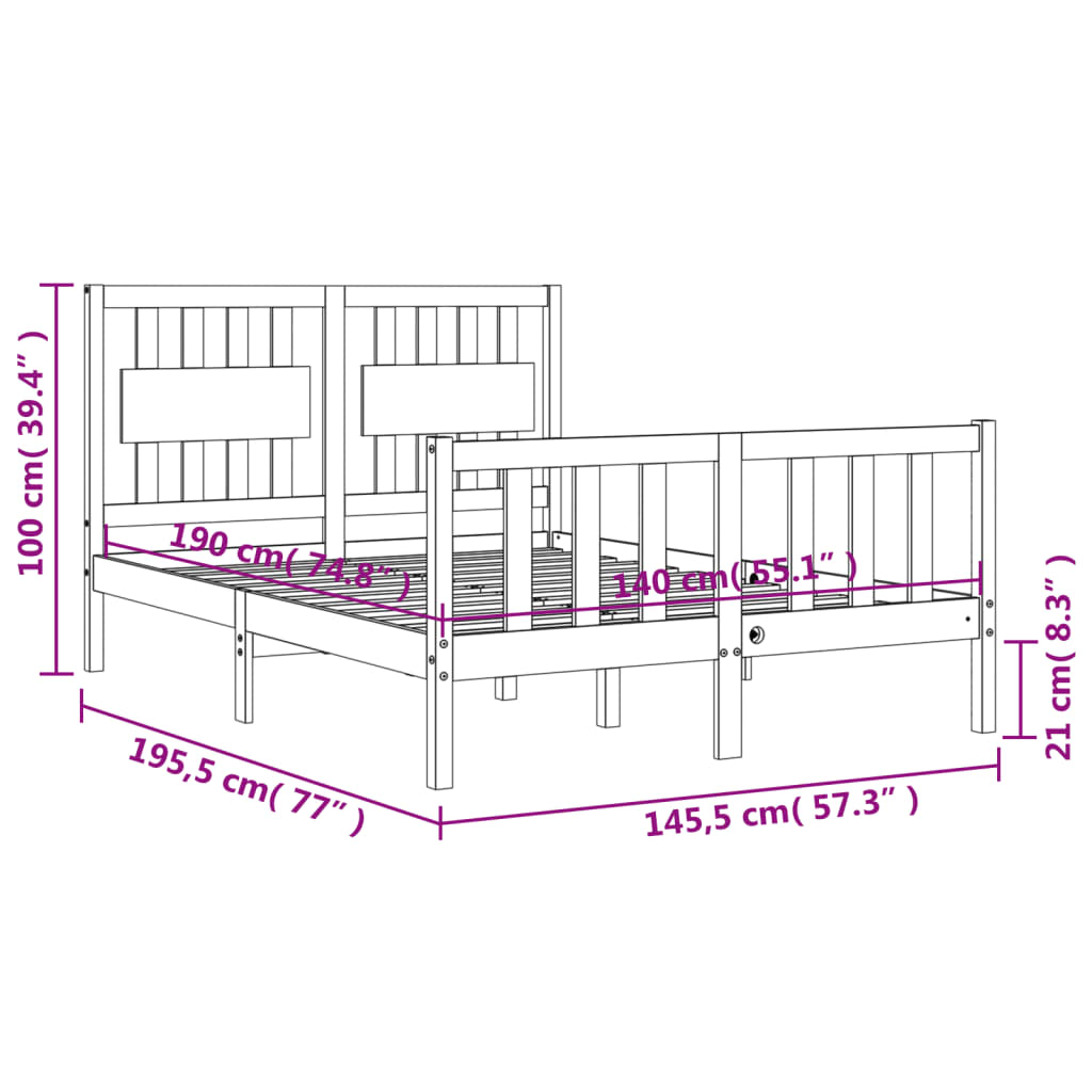 Okvir kreveta s uzglavljem bijeli 140 x 190 cm od masivnog drva