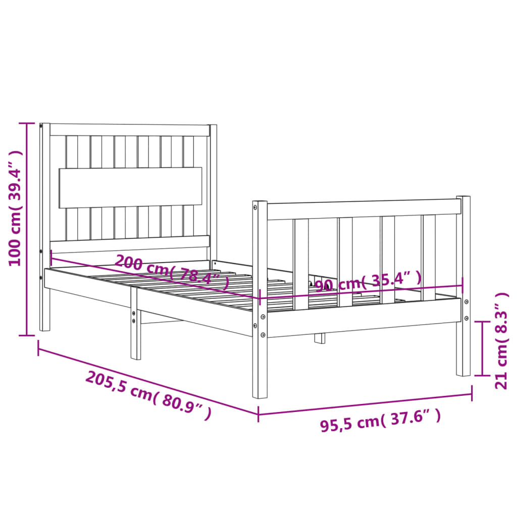 Rám postele s čelem černý 90 x 200 cm masivní dřevo