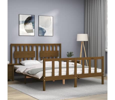 vidaXL Cadru de pat cu tăblie, maro miere, king size, lemn masiv