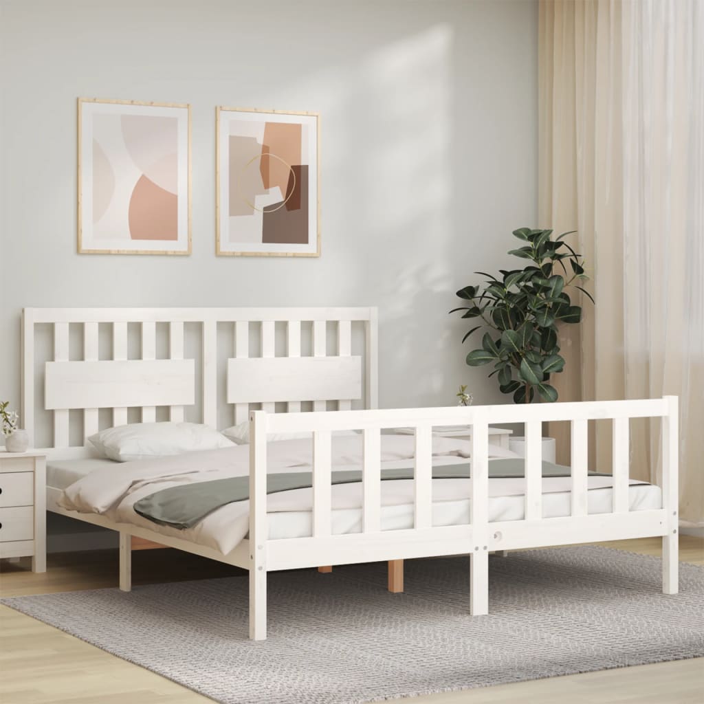 vida XL Massivholzbett mit Kopfteil Weiß 160x 200 cm