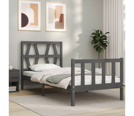 vidaXL Lovos rėmas su galvūgaliu, pilkas, medienos masyvas, vienvietis