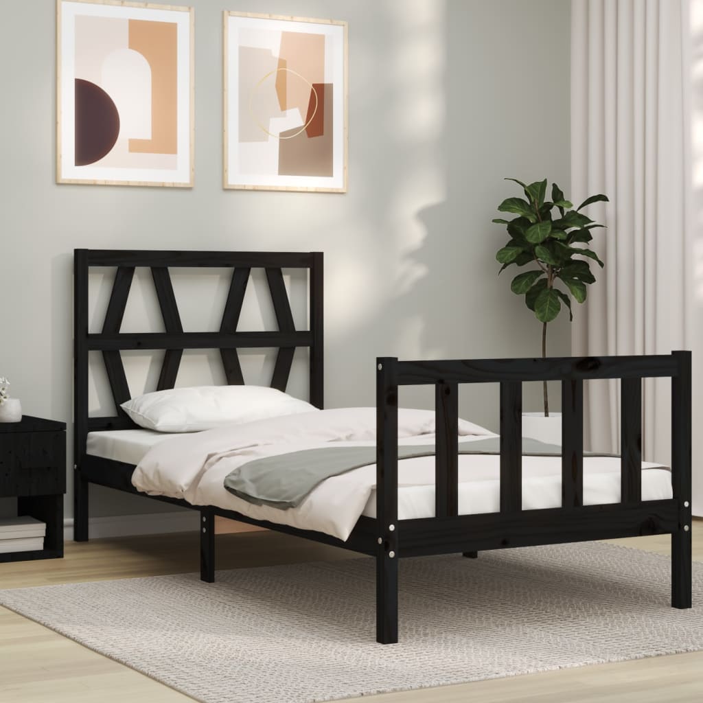Cadru de pat cu tăblie single, negru, lemn masiv
