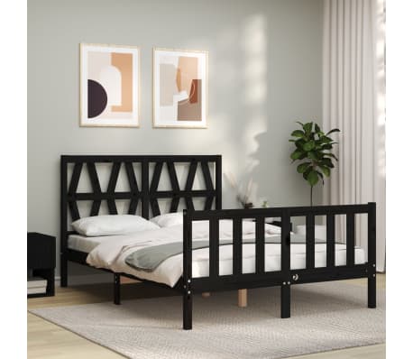 vidaXL Cadru de pat cu tăblie dublu mic, negru, lemn masiv