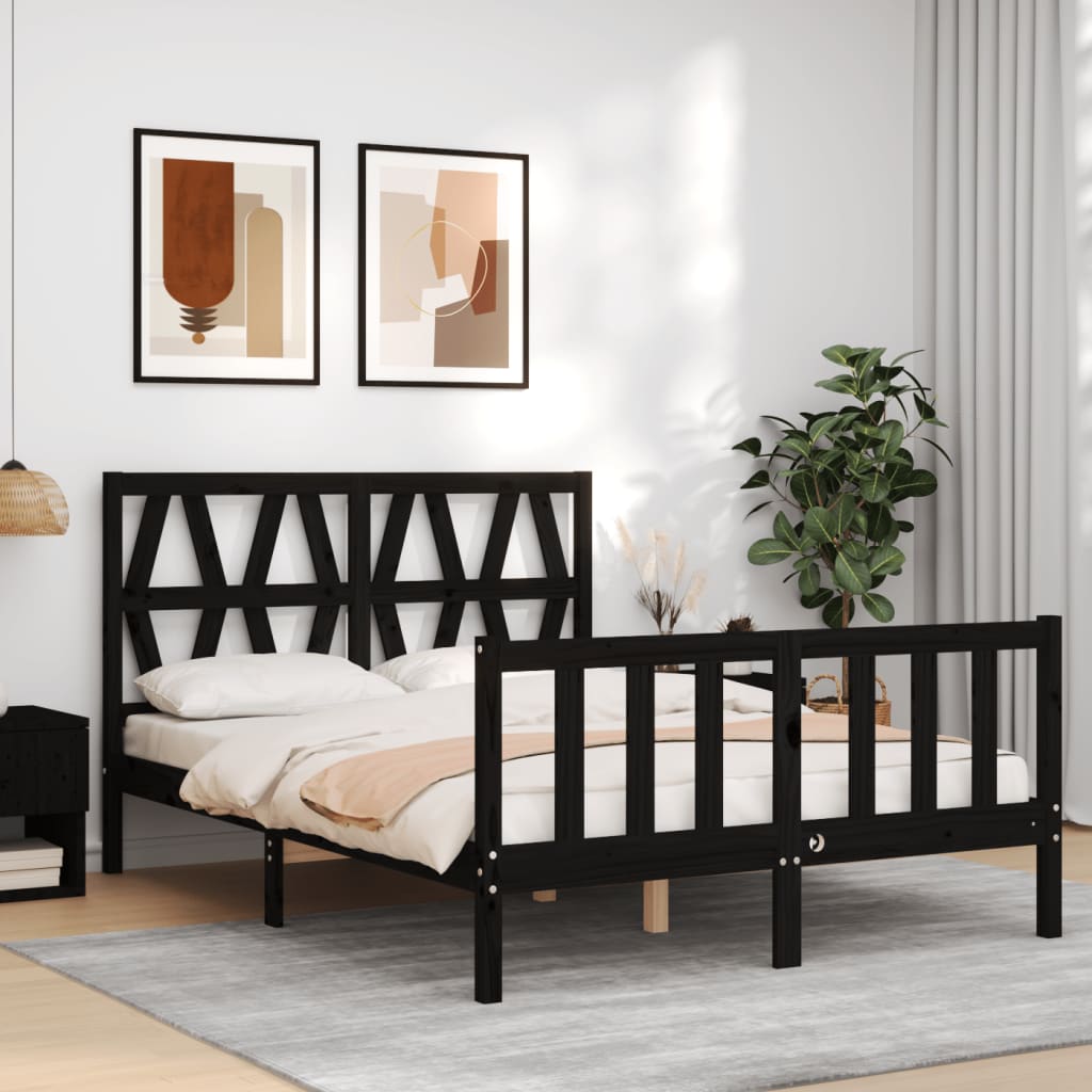 vidaXL Cadru de pat cu tăblie dublu mic, negru, lemn masiv