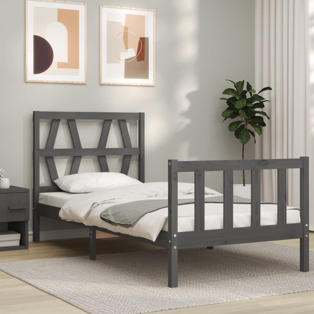 vidaXL Bed Frame with Headboard Grey 90x200 cm Solid Wood