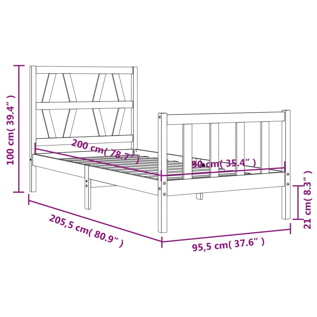 Posteljni okvir z vzglavjem črn 90x200 cm trden les