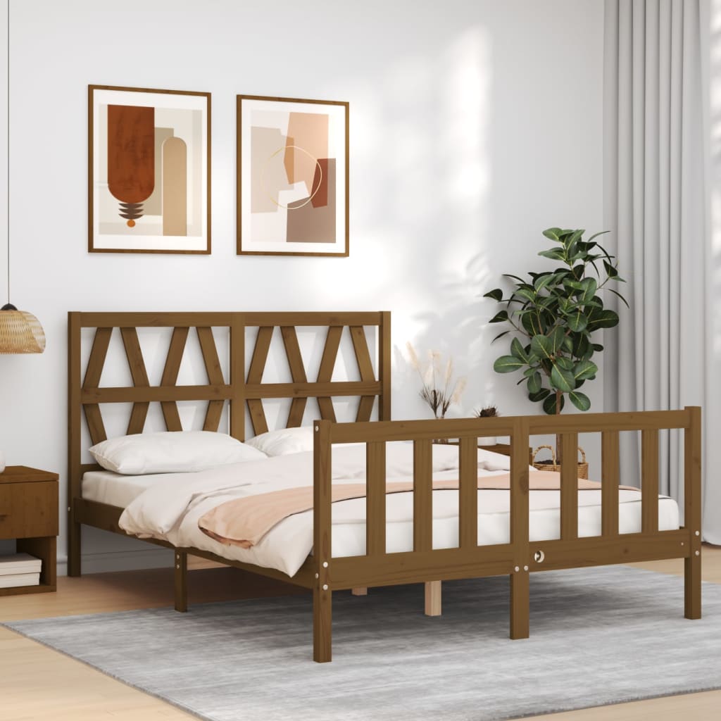 vidaXL Cadru de pat cu tăblie, maro miere, 120×200 cm, lemn masiv vidaXL imagine 2022