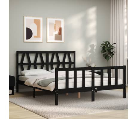 vidaXL Lovos rėmas su galvūgaliu, juodas, medienos masyvas, didelis