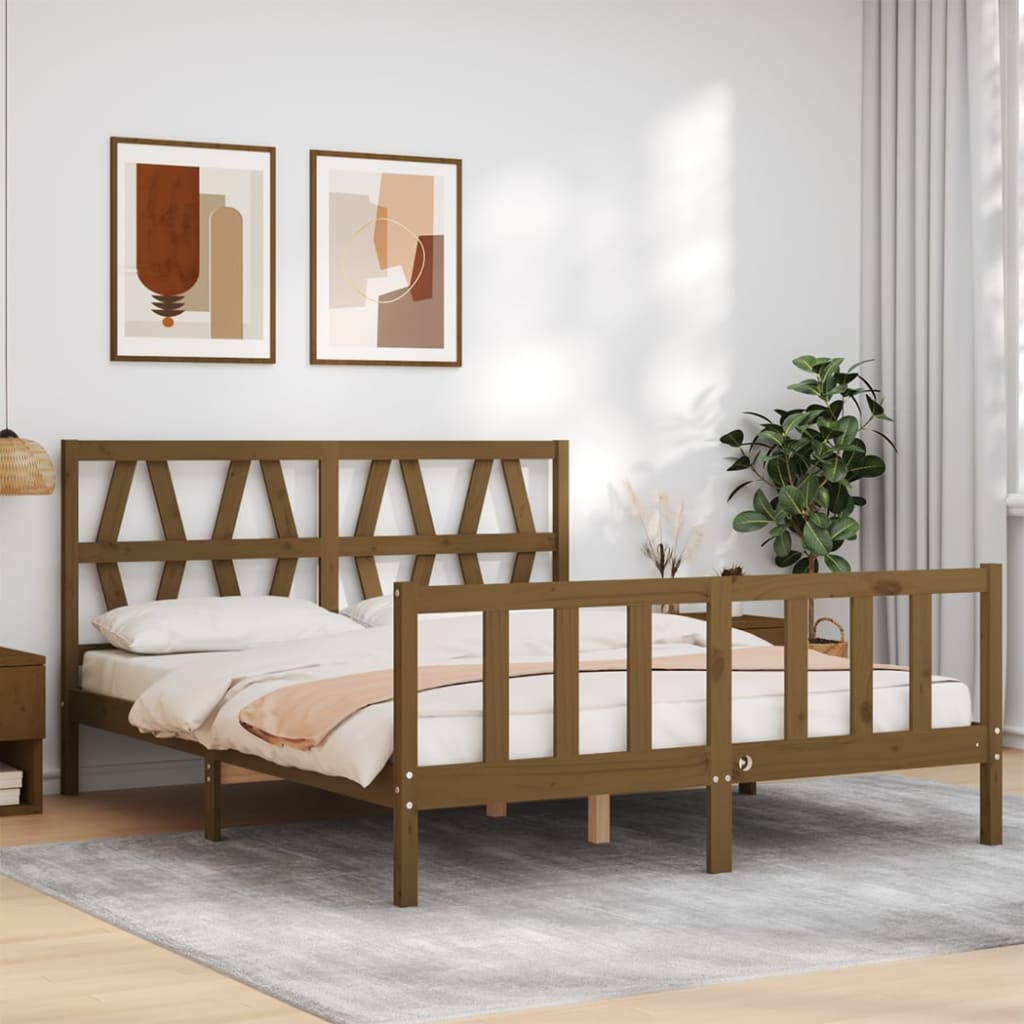 vidaXL Cadru de pat cu tăblie, maro miere, 160x200 cm, lemn masiv