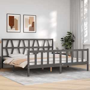 Rám postele s čelem šedý 200 x 200 cm masivní dřevo - obrázek 1